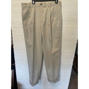 Brooks Brothers Men's Khaki Chino Dress Pants, Pleated Cuffed, Beige 36/32